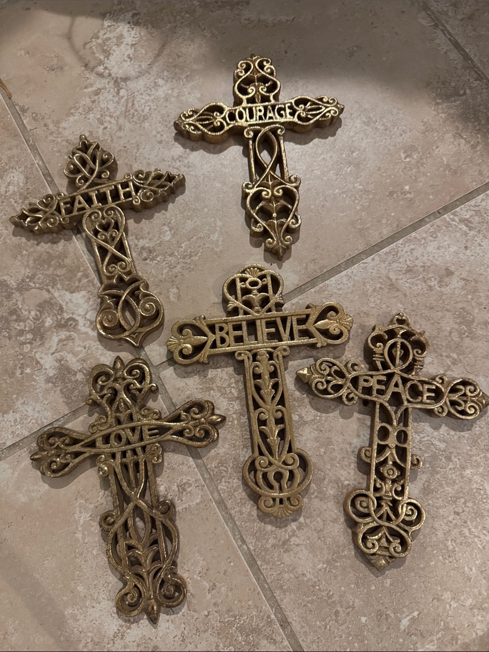 Decorative Gold Wall Cross Set - Faith Courage Believe Peace Love